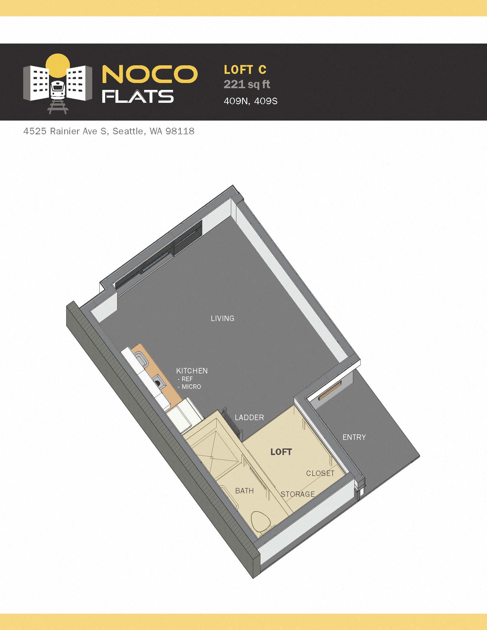 Floor plan for studio, 1 bath, 221 sqft